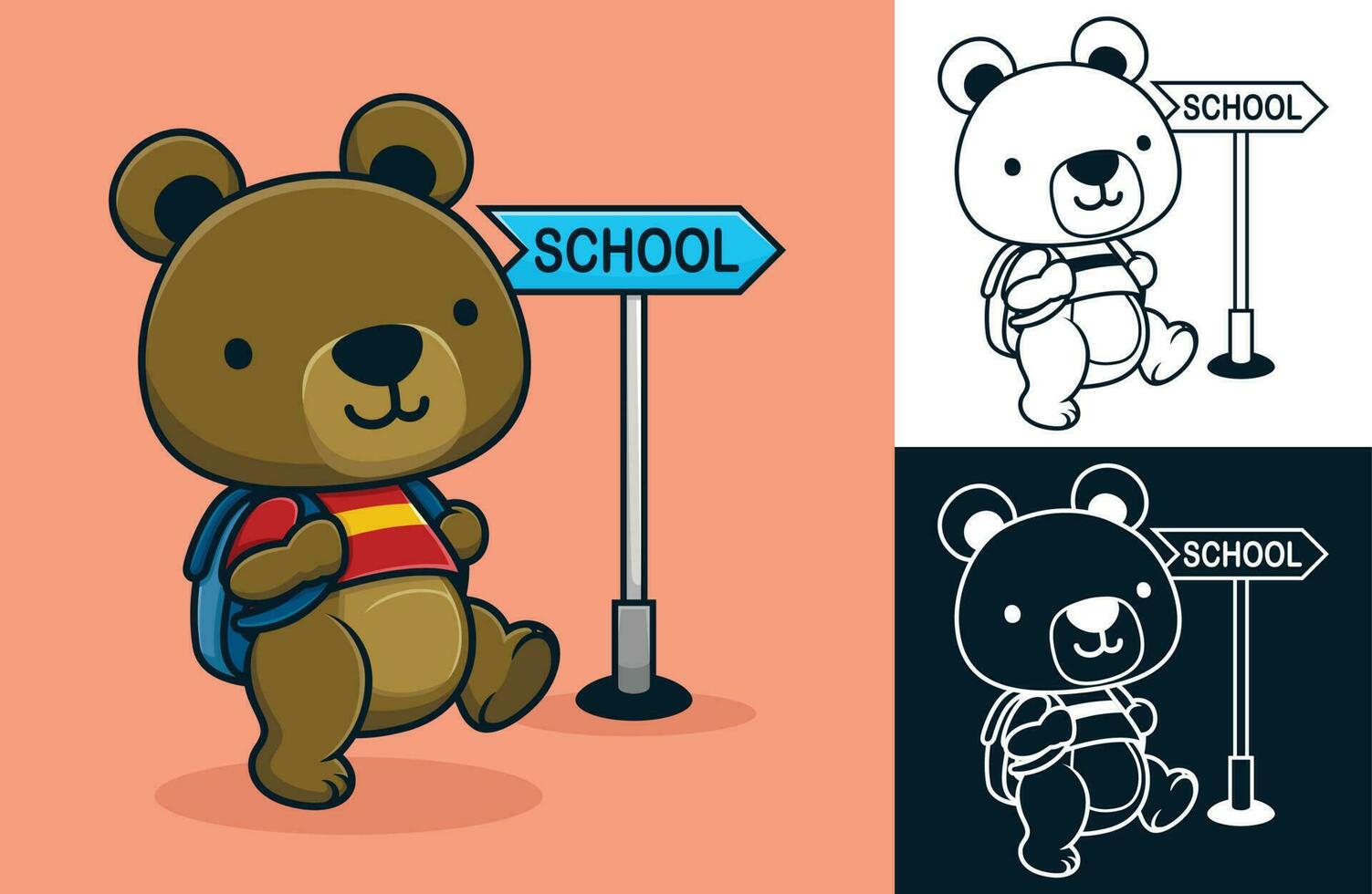 söt teddy Björn bärande väska gående till skola. vektor tecknad serie illustration i platt ikon stil
