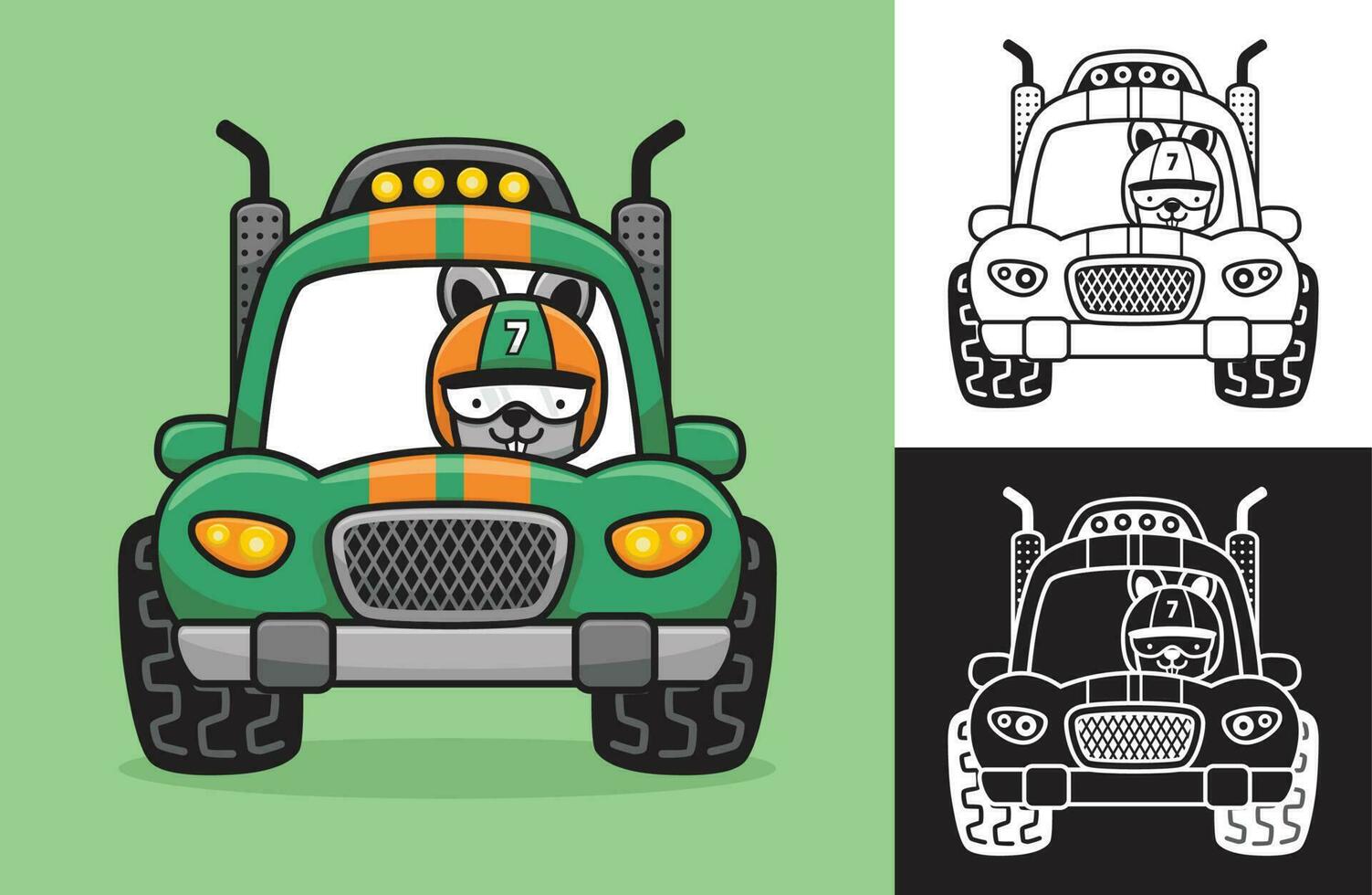 Hase tragen Rennfahrer Helm auf Rennen Wagen. Vektor Karikatur Illustration im eben Symbol Stil