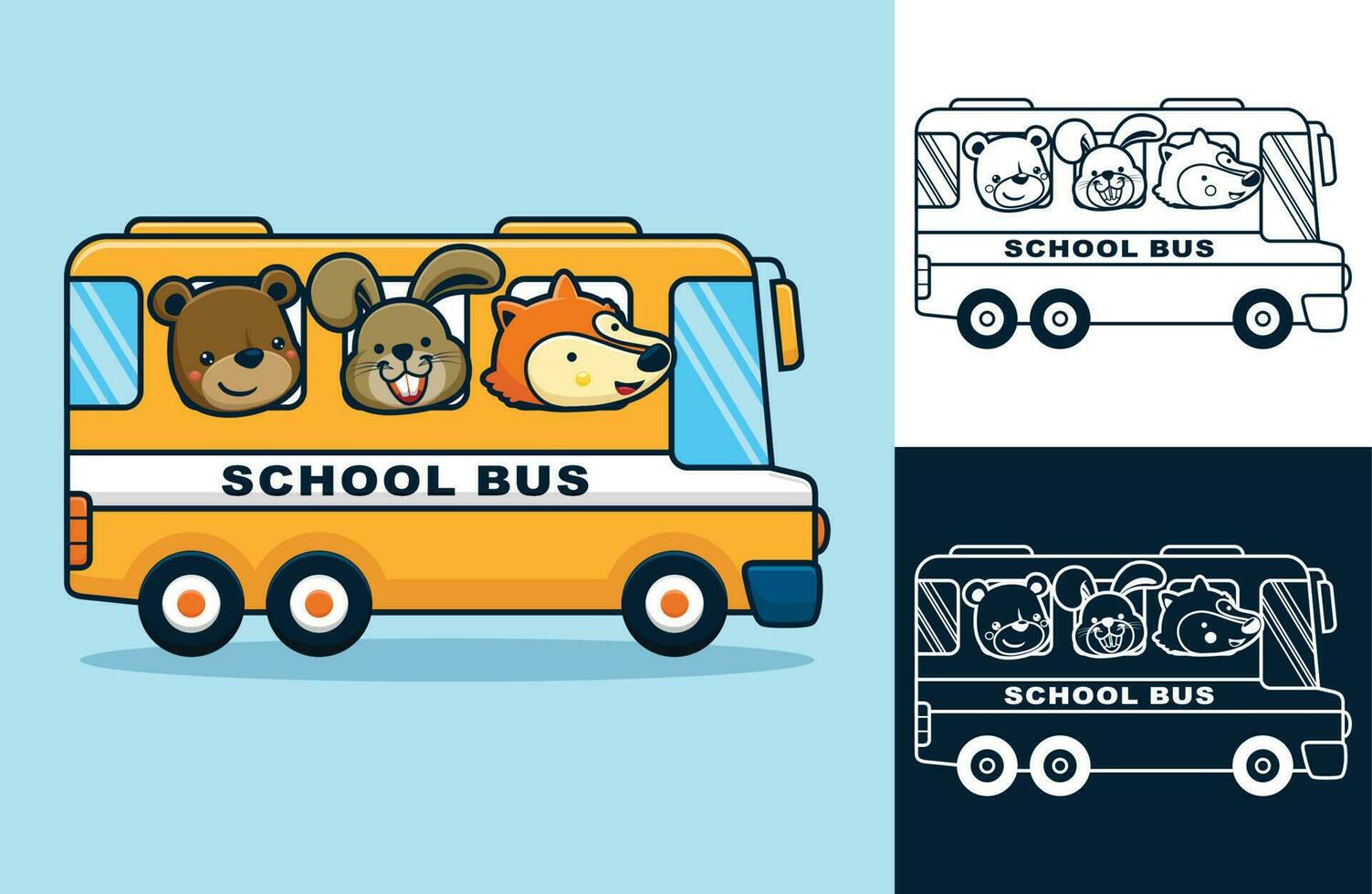 komisch Tiere auf Schule Bus. Vektor Karikatur Illustration im eben Symbol Stil