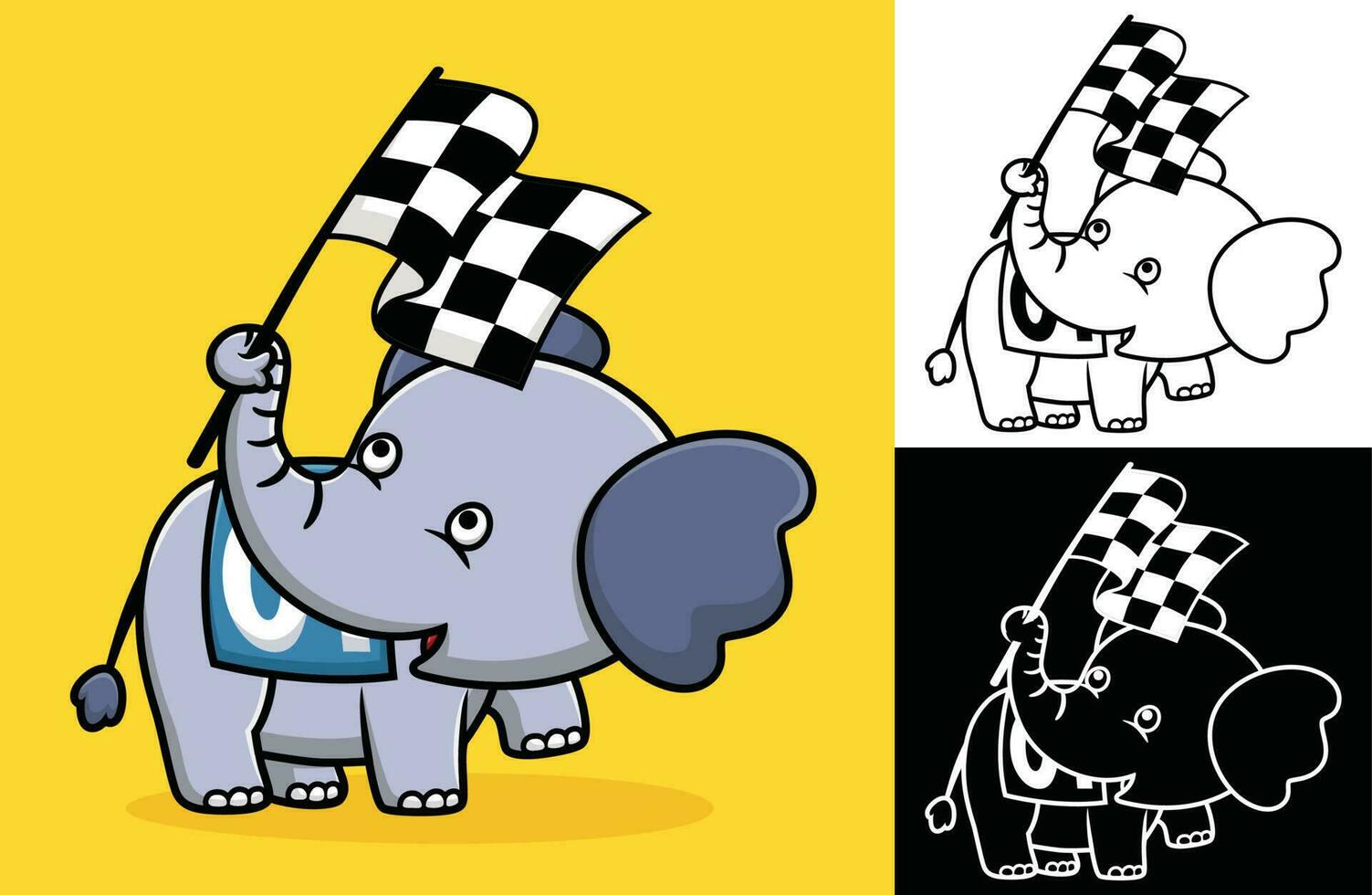 süß Elefant halten kariert Flagge. Vektor Karikatur Illustration im eben Symbol Stil