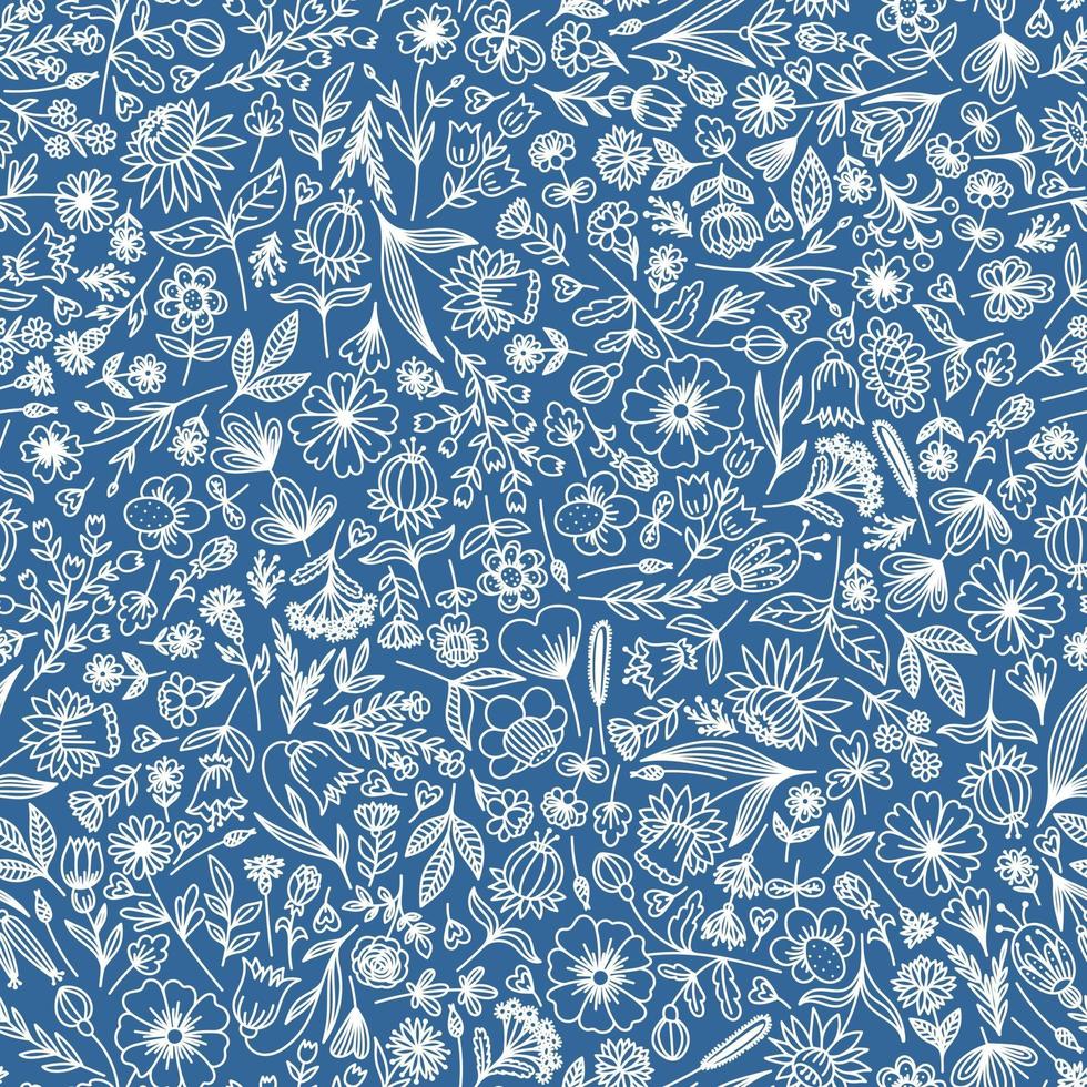 blauer Hintergrund mit stilisierten Blumen und Blättern vektor