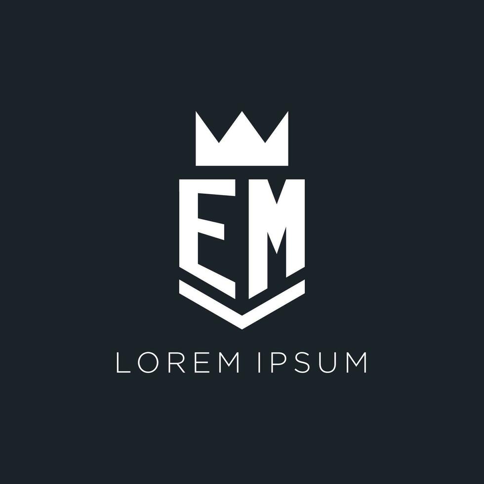 em Logo mit Schild und Krone, Initiale Monogramm Logo Design vektor