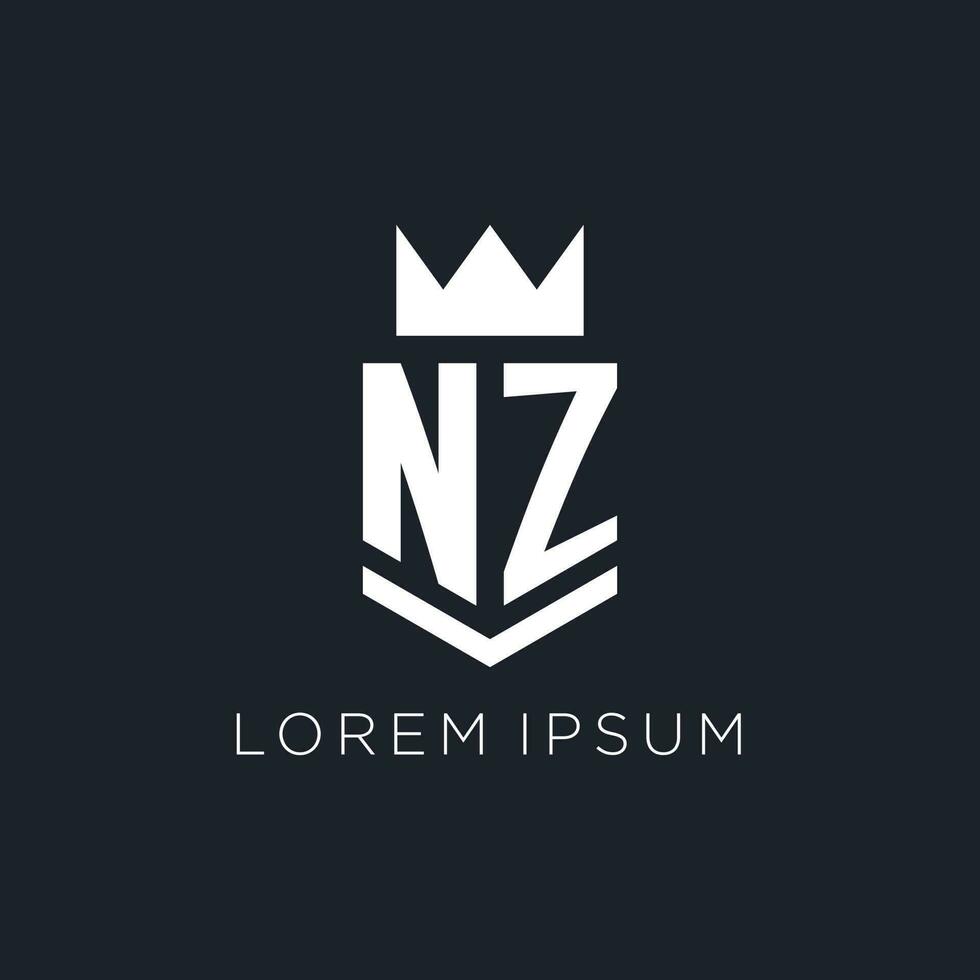 nz logotyp med skydda och krona, första monogram logotyp design vektor