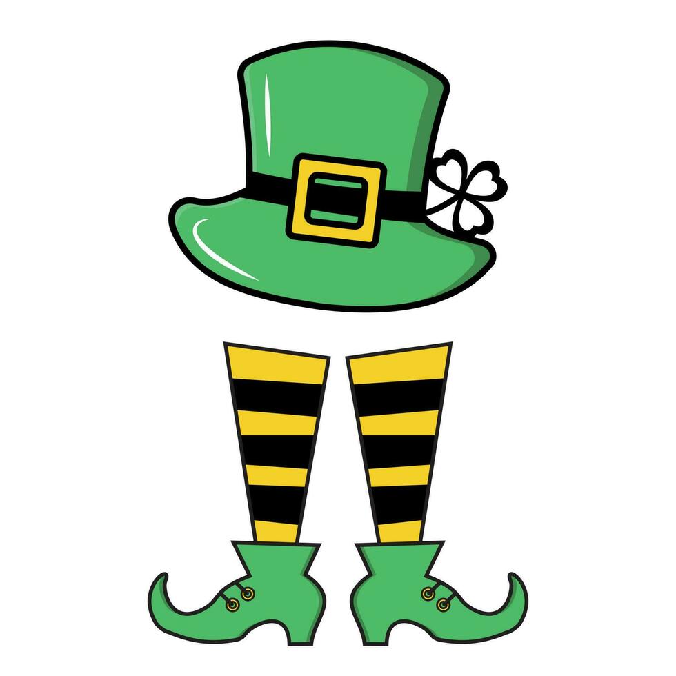festlig grön hatt med klöver och fötter i stövlar för Patricks dag, Färg vektor illustration i tecknad serie stil