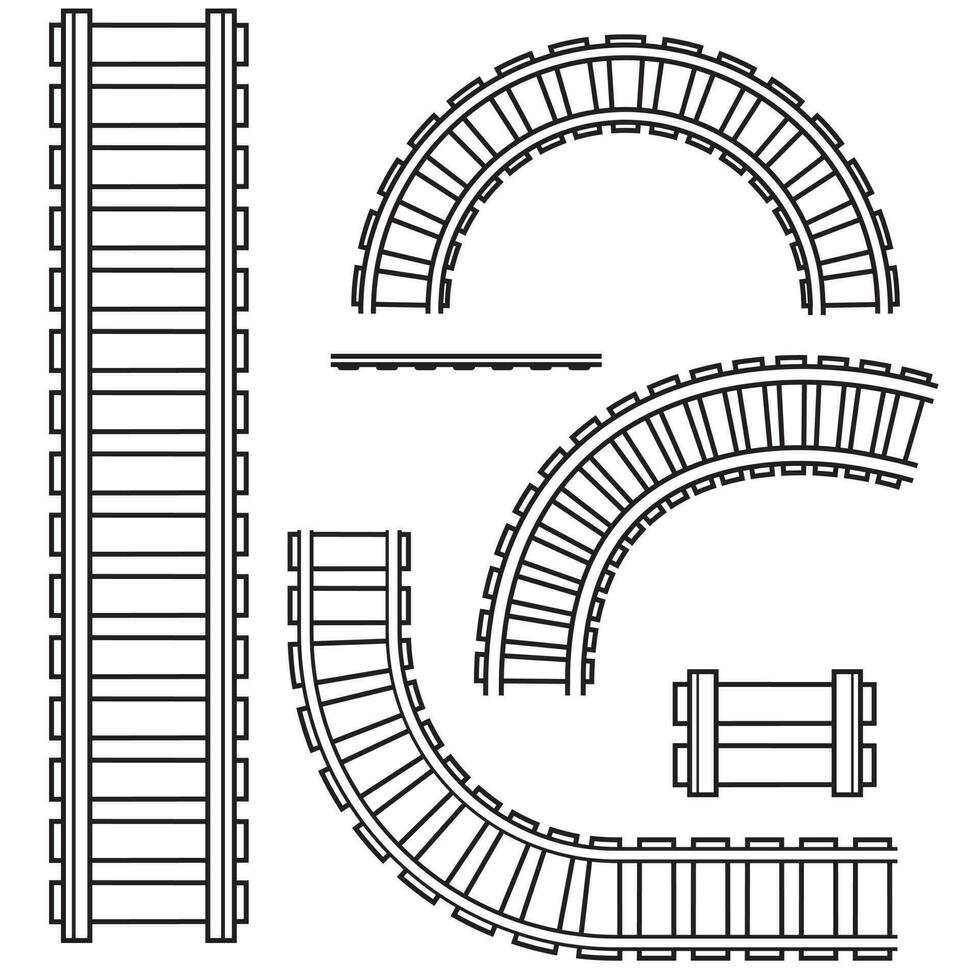 gebogen Eisenbahn, Schienen. Vektor isoliert Illustration schwarz Gliederung Färbung