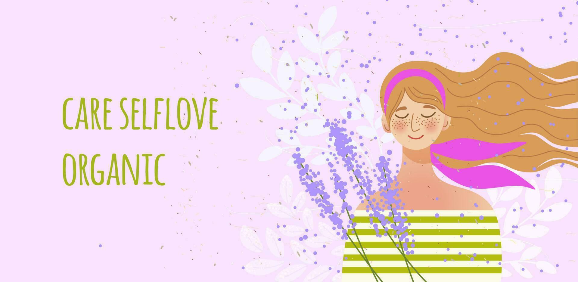 flicka, bukett av blommor, vind, baner personlig vård själv kärlek organisk vektor