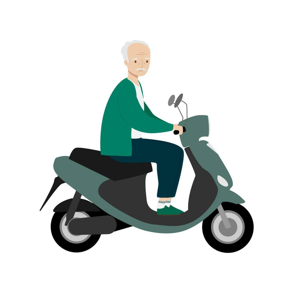 Senior Mann Reisen auf modern Motor- Roller. alt Mann Reiten elektrisch Roller. isoliert Vektor Illustration