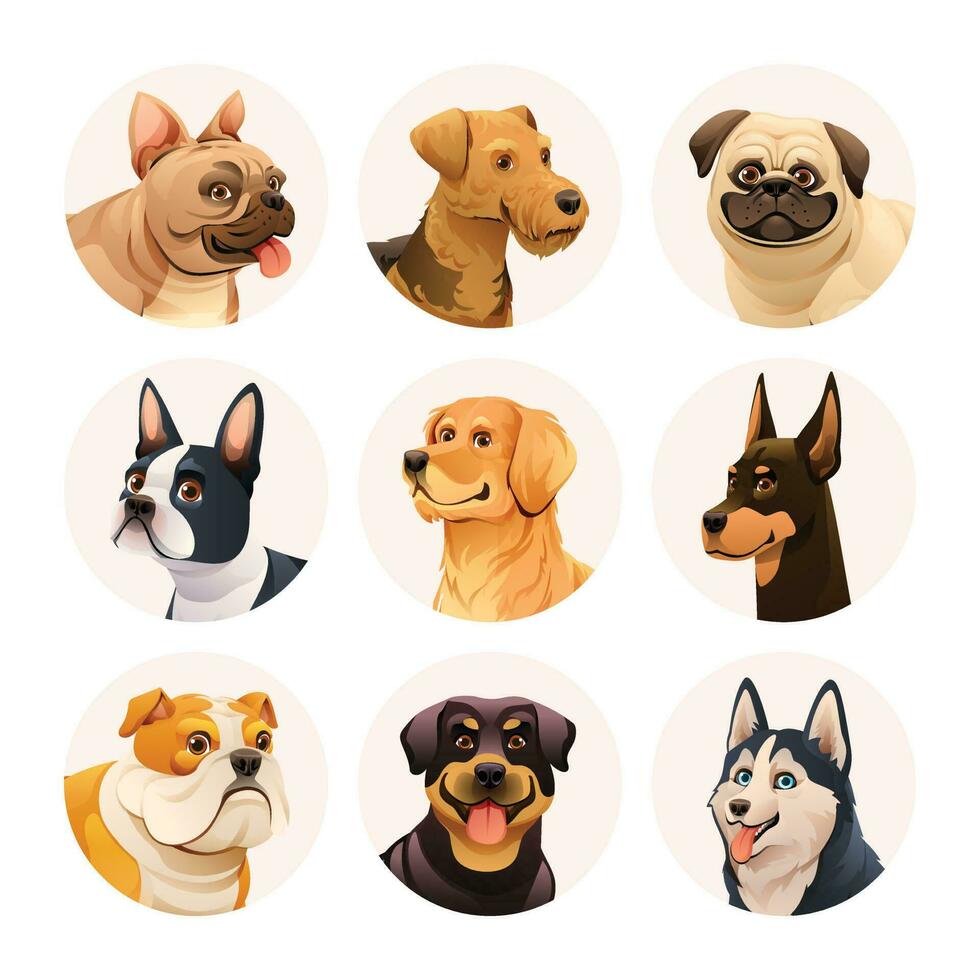 hund avatar karaktär uppsättning. samling av annorlunda hund raser vektor illustration