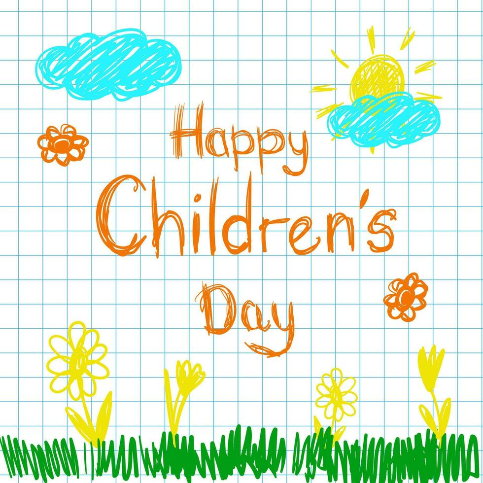 affisch med anteckningsbok papper och söt klotter teckning av Lycklig barn och föreskrifter till fira barn s dag. vektor