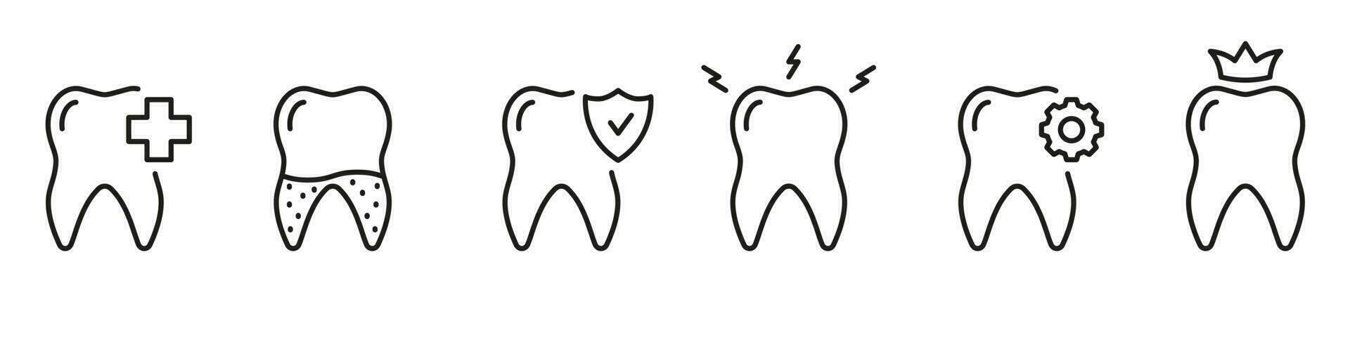 dental diagnostisk linje ikon uppsättning. tandvärk, tand kalkyl, tänder reparera linjär piktogram. dental krona, oral vård. tandvård symbol. dental behandling. redigerbar stroke. isolerat vektor illustration.