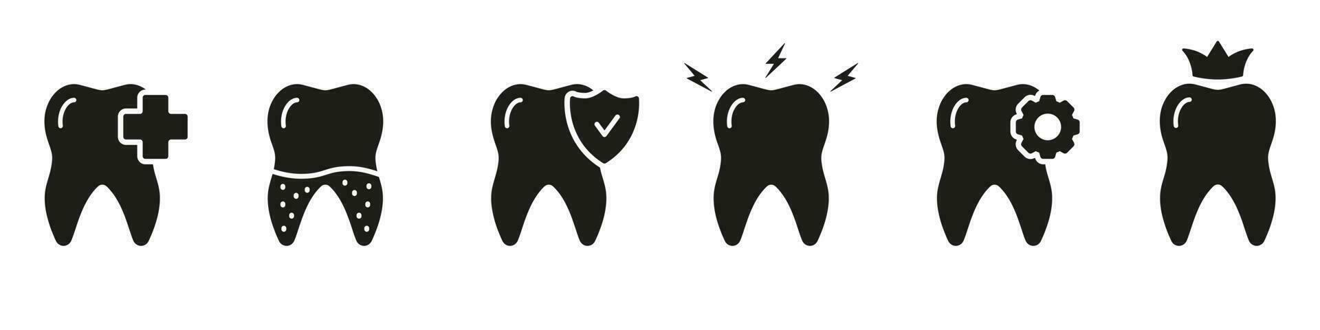 Zahnschmerzen, Zahn Infinitesimalrechnung, Zähne Reparatur Silhouette Symbol Satz. Dental Diagnose Glyphe Piktogramm. Dental Krone, Oral Pflege. Dental Behandlung solide unterzeichnen. Zahnheilkunde Symbol. isoliert Vektor Illustration.