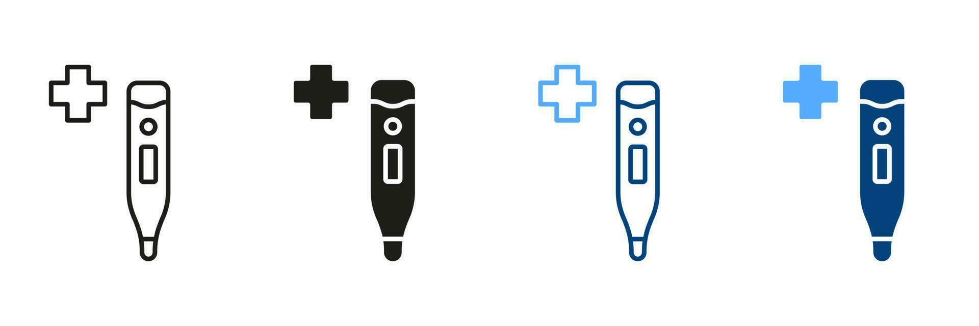 termometer linje och silhuett ikon uppsättning. Celsius, elektronisk termometer svart och Färg symbol samling. medicinsk verktyg för temperatur kontrollera piktogram. isolerat vektor illustration.