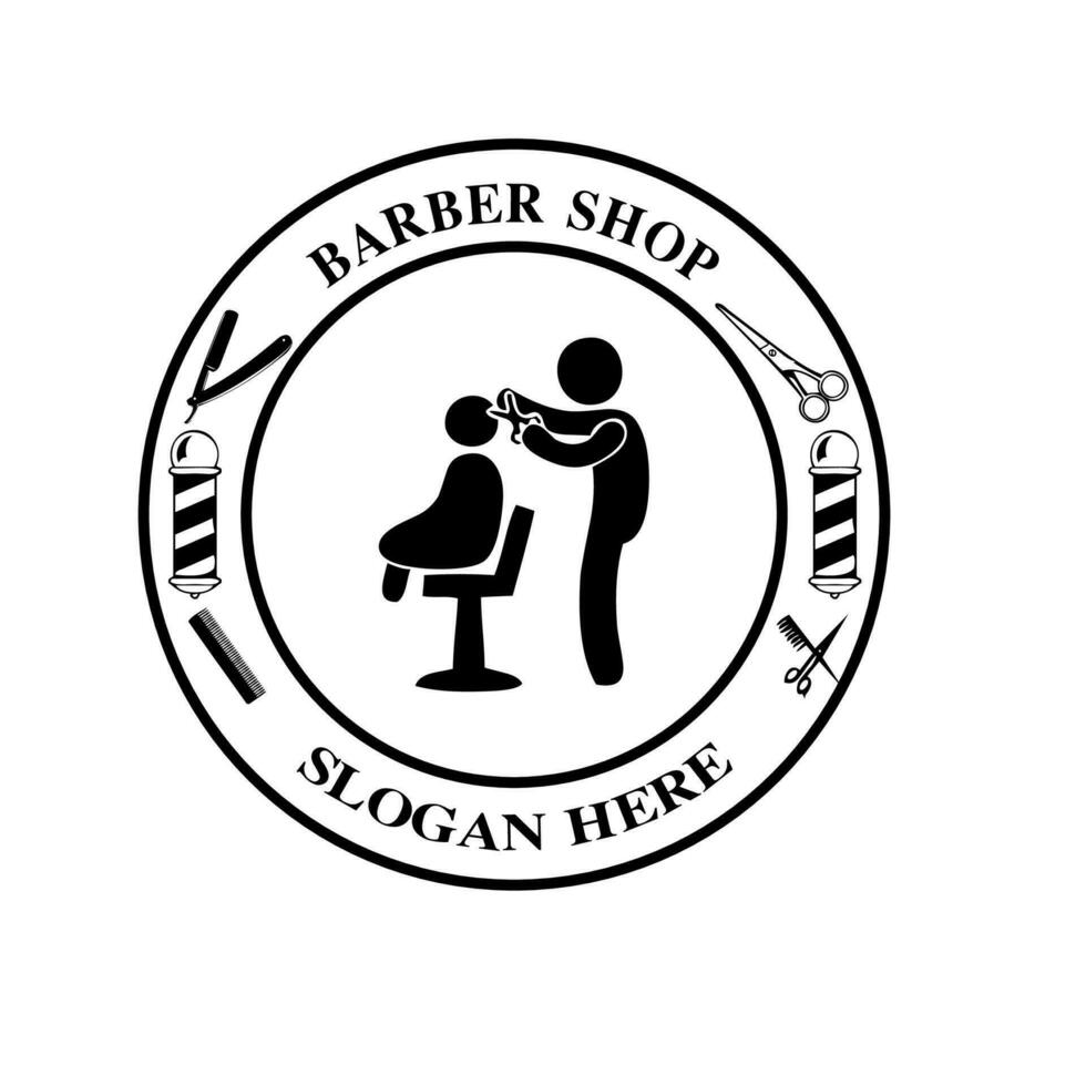 Barbier Geschäft Logo, mit ein Barbier Symbol im das Mitte, dekoriert Rasierer, Vektor Illustration