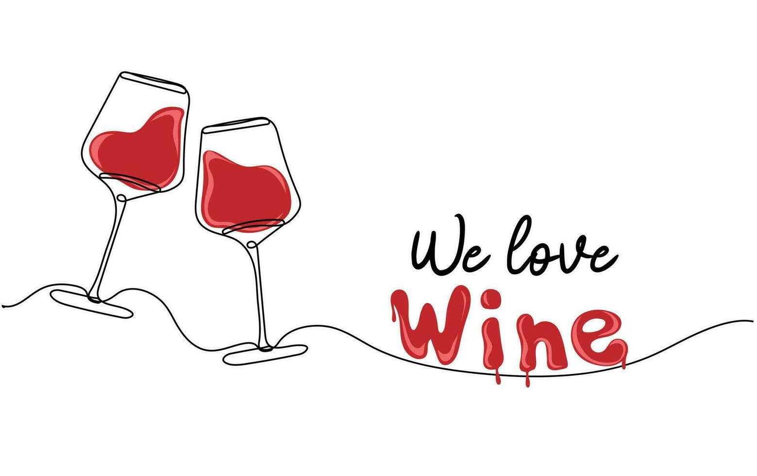 vi kärlek vin. kontinuerlig linje teckning av två glassae med vin vektor