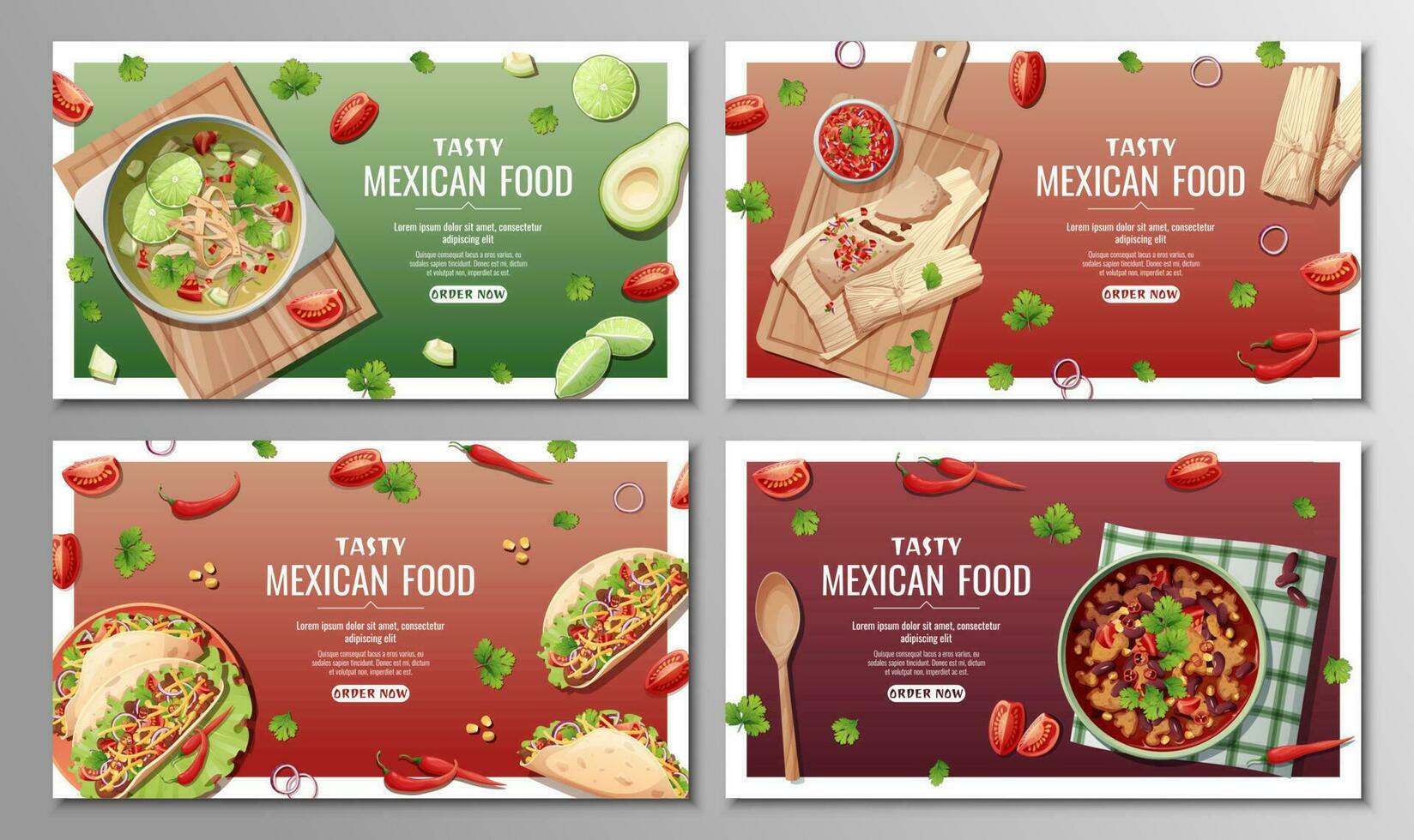 mexikansk mat banderoller uppsättning. tamales, tacos, kalk och böna soppa. bakgrund, webbaner, affisch, annons av traditionell mexikansk kök vektor
