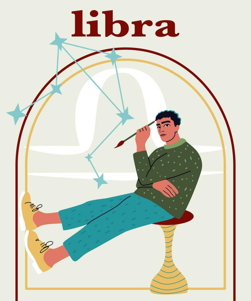 ung stilig man Sammanträde på en stol, balansering. astro tecken Libra. en begrepp av zodiaken tecken. vektor