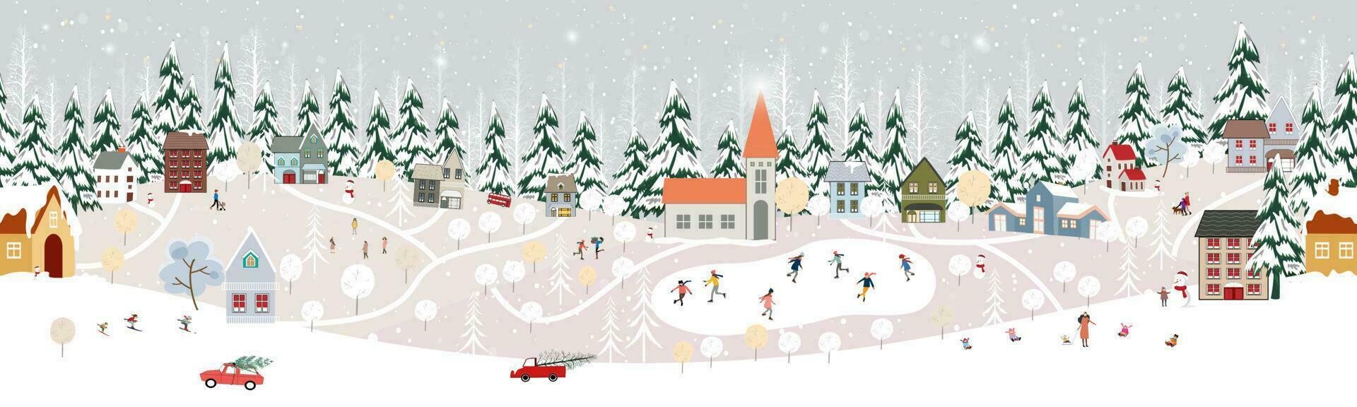 sömlös mönster vinter- landskap, firar jul och ny år 2024 i by på natt med Lycklig människor spelar is skridsko i de park, vektor horisontell baner vinter- sagoland i landsbygden