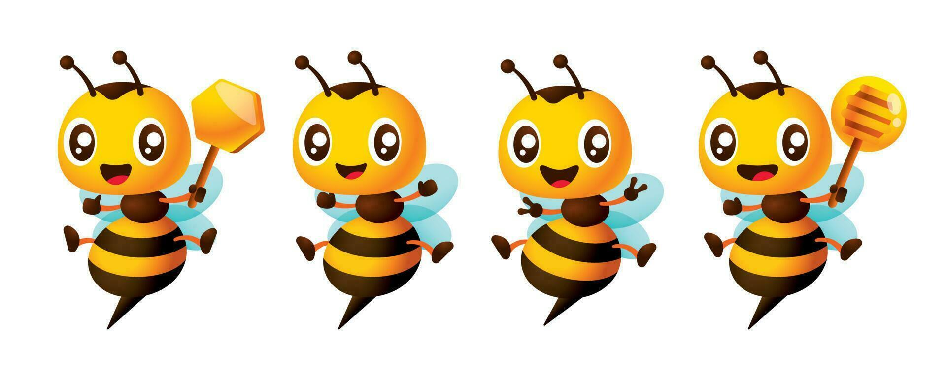 tecknad serie söt bi med annorlunda poser maskot uppsättning innehav vaxkaka, honung dipper och seger tecken gest vektor illustration samling