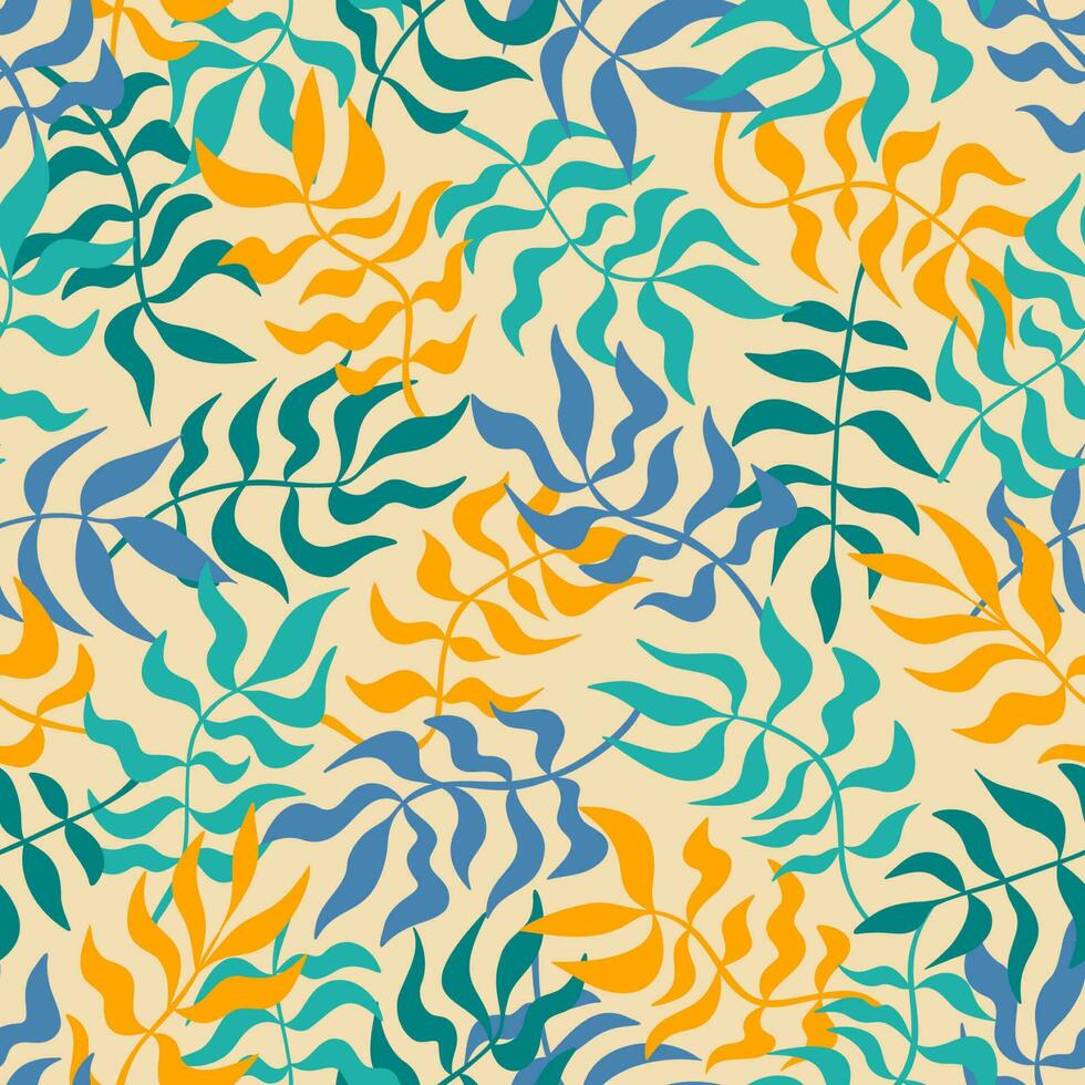 abstrakt vågig löv sömlös mönster. hand dragen träd bruncher, organisk hav gräs bakgrund. böjd naturlig former eco textil, omslag, förpackning. vektor illustration.