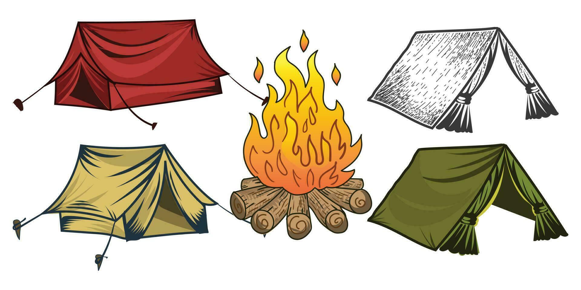 Lager Feuer , Camping Vektor bündeln sehnen Illustration skizzieren.