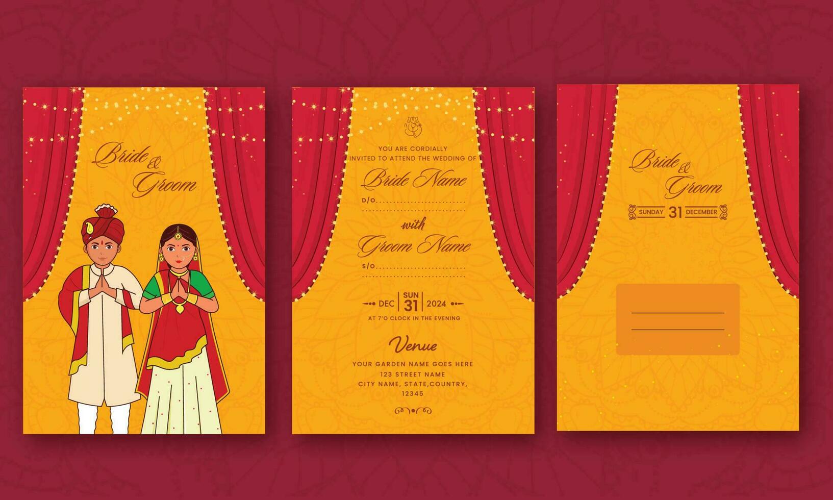 doppelseitig von Hochzeit Einladung Karte mit indisch Paar Gruß namaste und Briefumschlag Illustration im Orange Farbe. vektor
