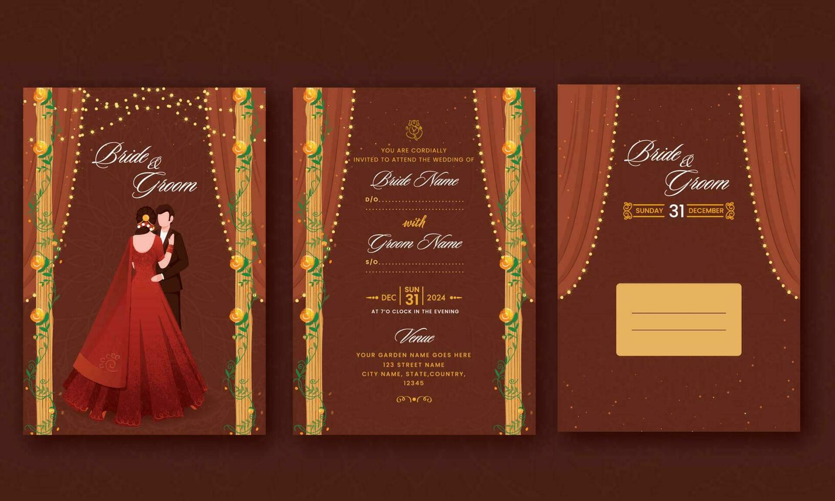 dubbelsidig av bröllop inbjudan kort mall med kuvert illustration i brun Färg. vektor