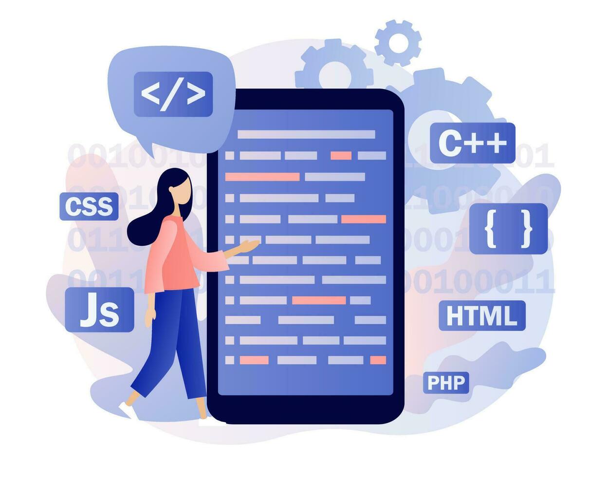 programmering och teknik utveckling. mycket liten kvinna programmerare eller utvecklare skapa koda programmering språk. php,html, css, js. modern platt tecknad serie stil. vektor illustration på vit bakgrund