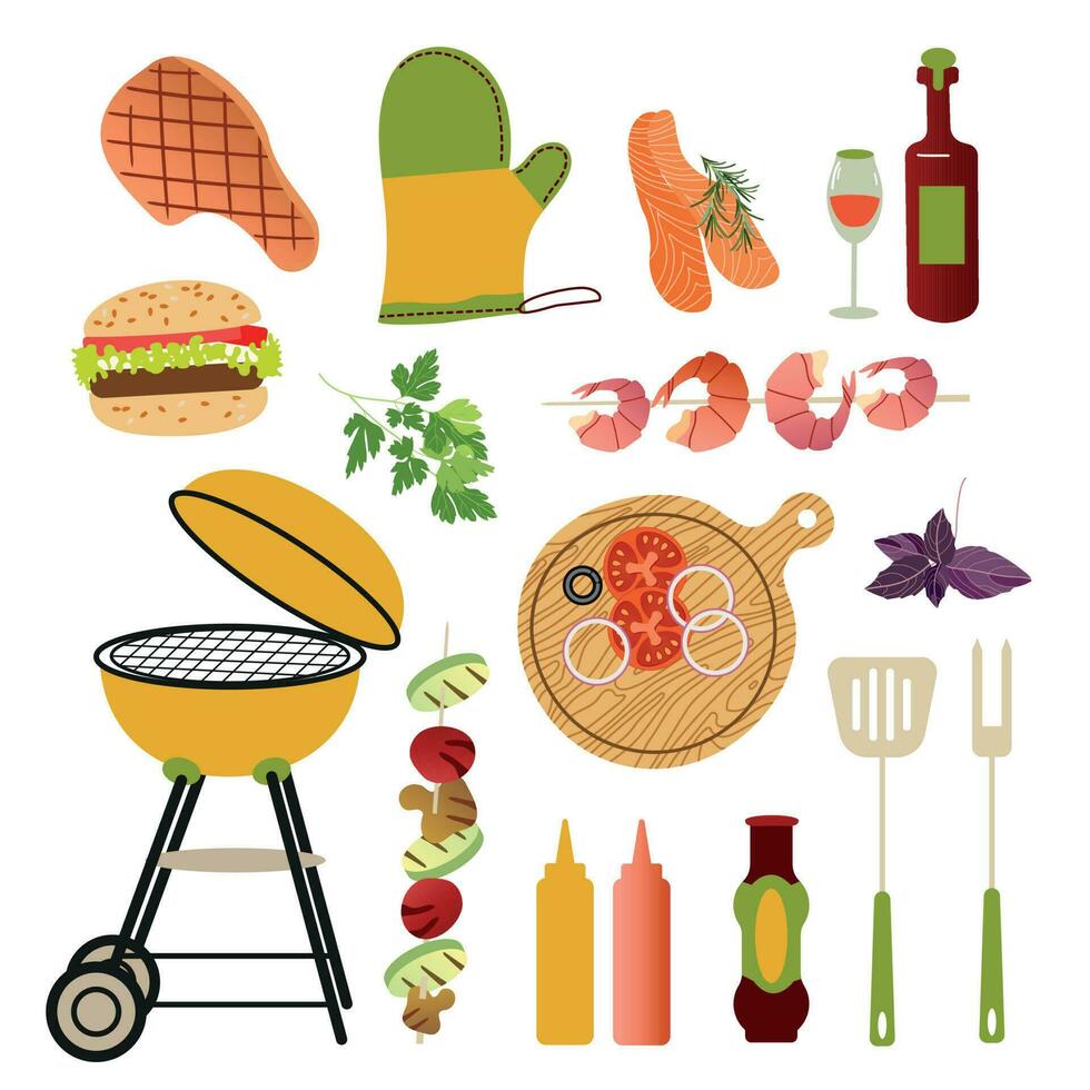 bbq fest ikoner uppsättning, utegrill, grill eller picknick.grill matlagning Utrustning samling - grill, grillspett, kött, fisk, kryddor, grönsaker isolerat på vit. utegrill verktyg vektor illustration.