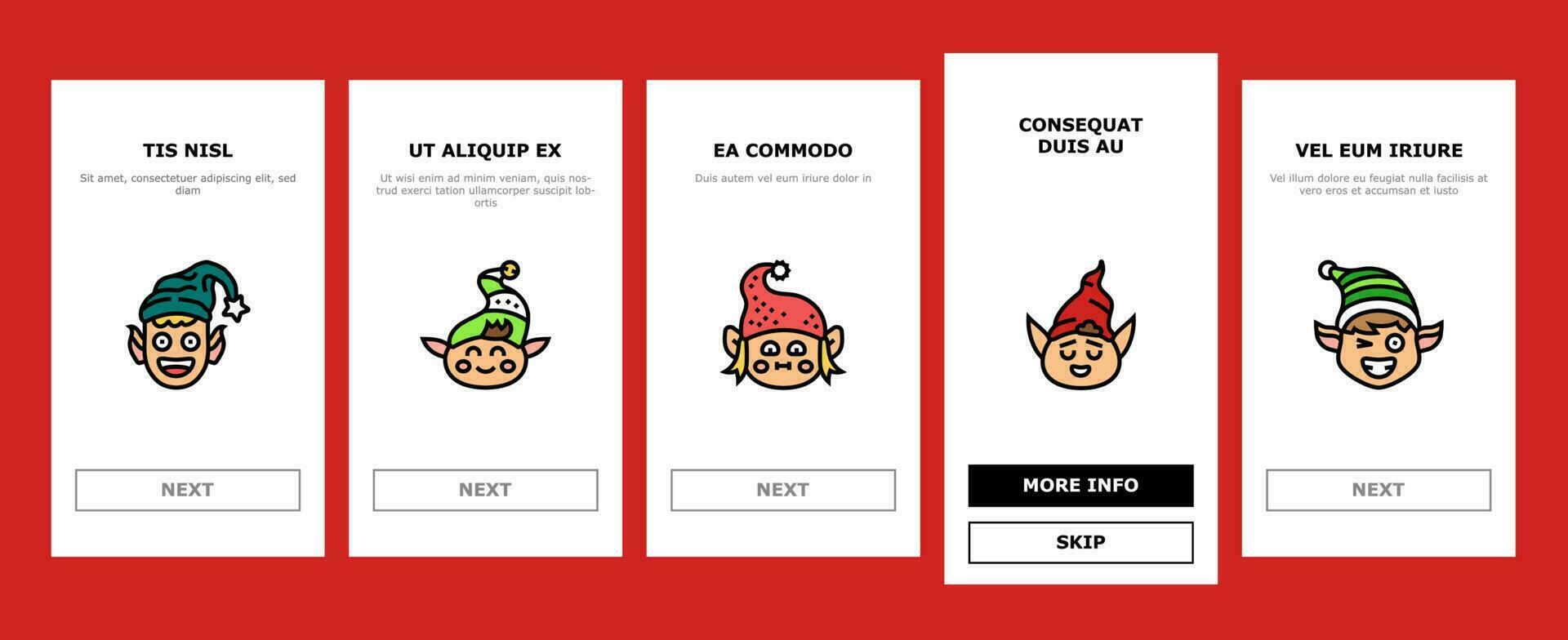 Elf Weihnachten süß Charakter Onboarding Symbole einstellen Vektor