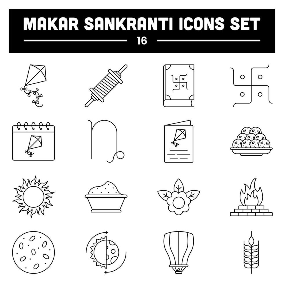 illustration av makar sankranti -16 ikoner uppsättning i svart linje konst. vektor