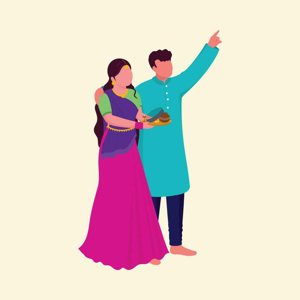 ansiktslös indisk man som visar måne till hans fru mot beige bakgrund för karva kauth festival. vektor