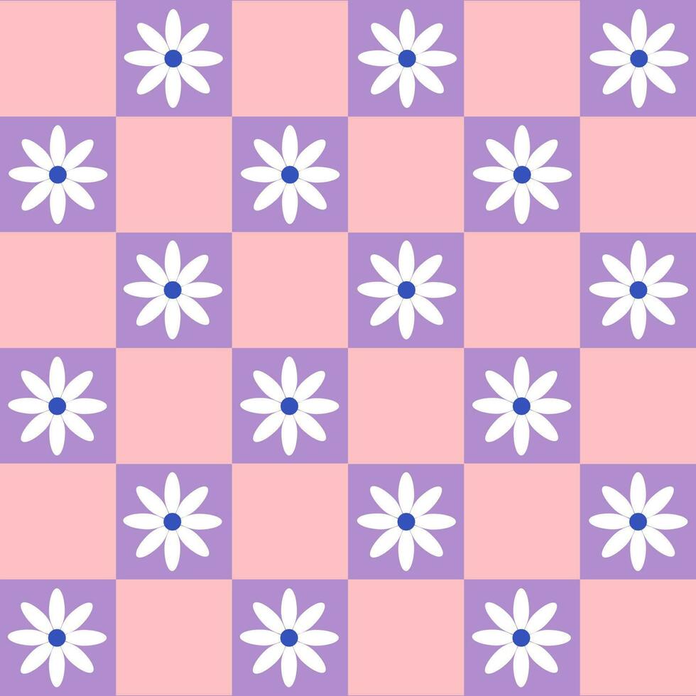 häftig fint daisy blomma geometri mönster i 60-, 70-, 80-tal stil, blommig rutig bakgrund vektor illustration, trendig retro prydnad för yta design, textil, brevpapper, omslag papper, omslag