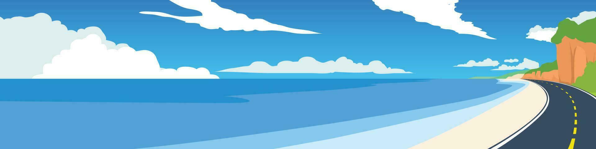 kopia Plats platt vektor illustration. av böjd asfalt väg väg längs de sandig stranden.bredvid med klippor och grön träd. skön böjd strand med ljus blå hav. under blå himmel och vit moln.