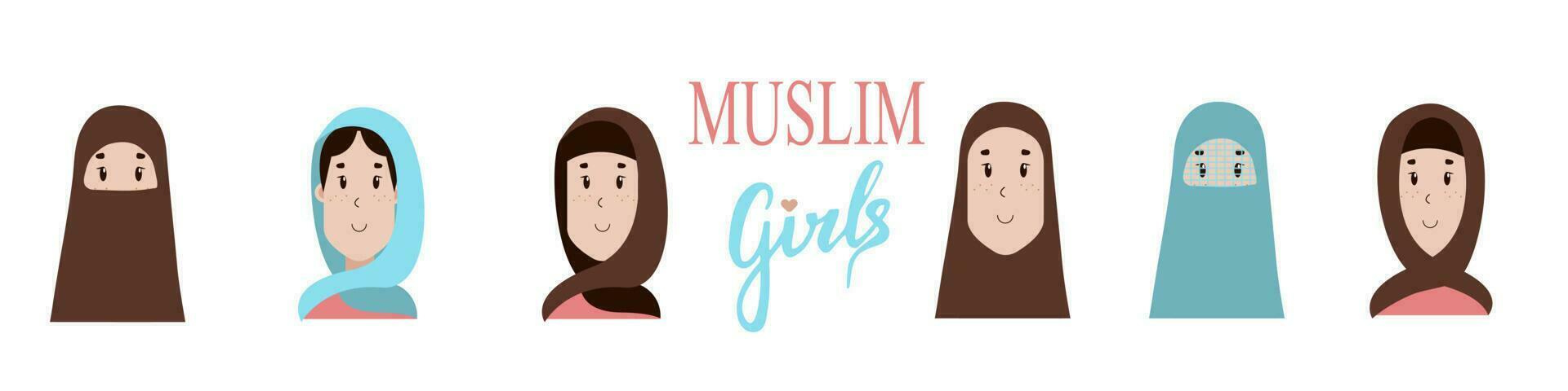 uppsättning av arab muslim kvinnor bär hijab, burka, shayla, niqab, chador, khimar. uppsättning av saudi flickor med annorlunda halsdukar. vektor illustration