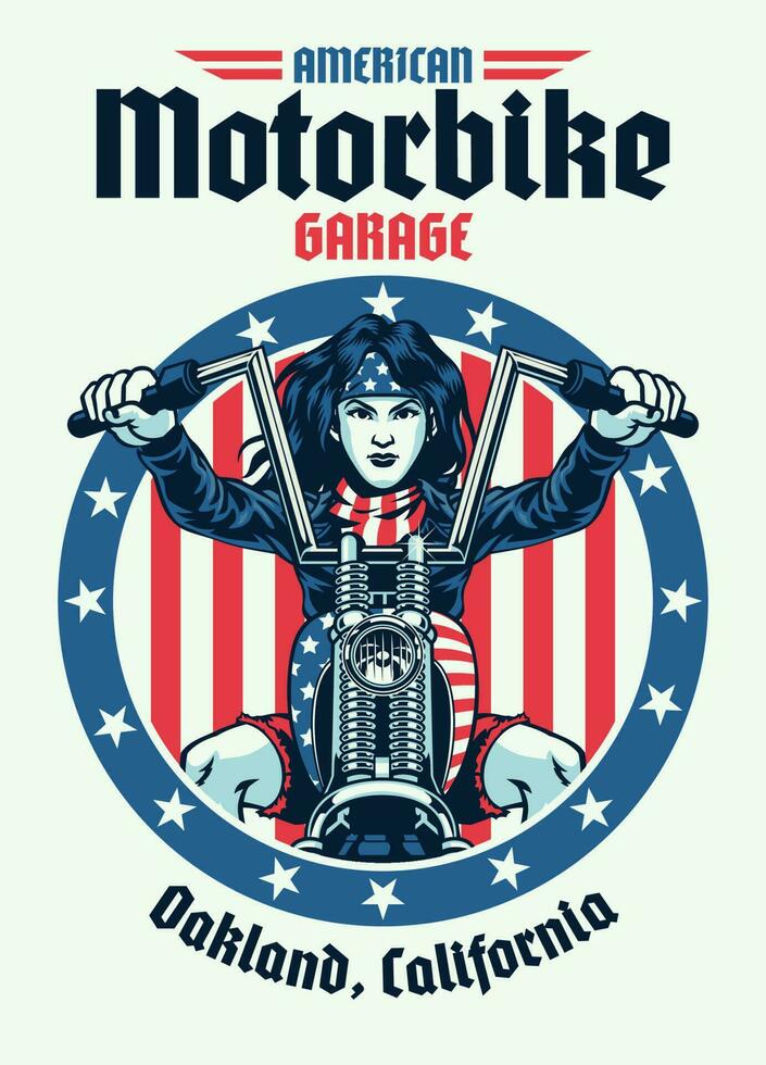 Jahrgang T-Shirt Design amerikanisch Frau Biker Reiten Hubschrauber Motorrad vektor