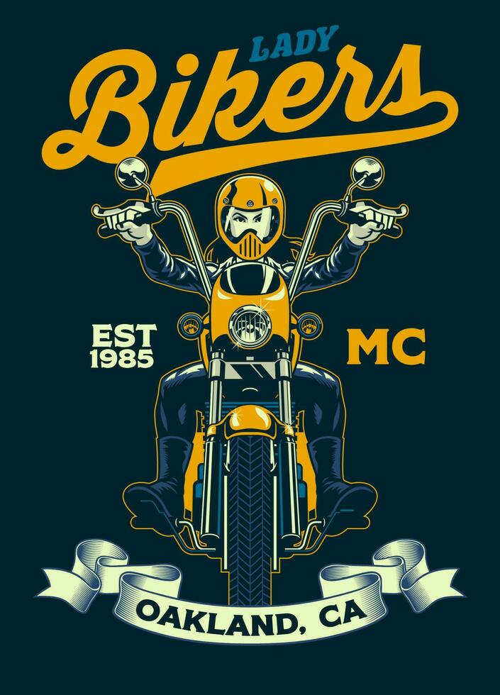 Jahrgang T-Shirt Design von Dame Biker von Motorrad Verein vektor