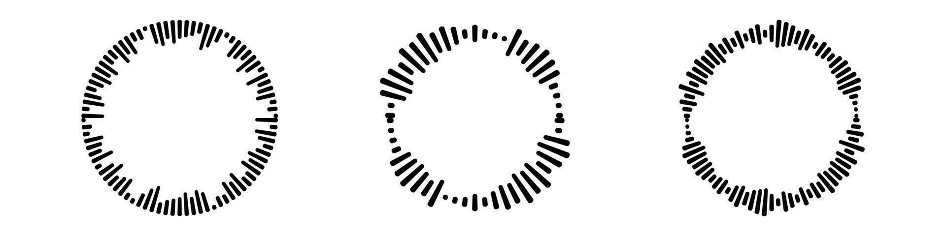 cirkel audio vågor uppsättning. cirkulär musik ljud grafisk design samling. runda ljud och radiell radio equalizer.vector isolerat illustration vektor
