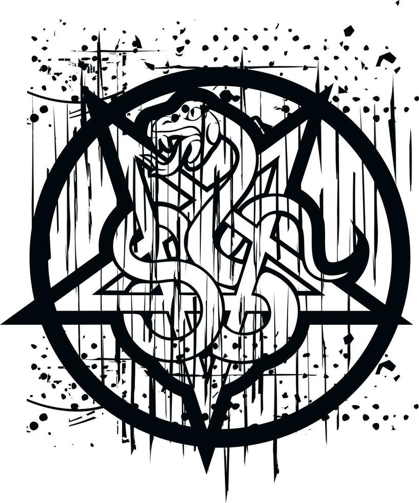 ockultiskt tecken med pentogram och orm, grunge årgång design t shirts vektor