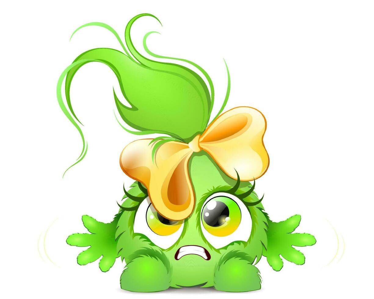 söt fluffig rolig grön arg tecknad serie monster med lurvig hår svans vektor