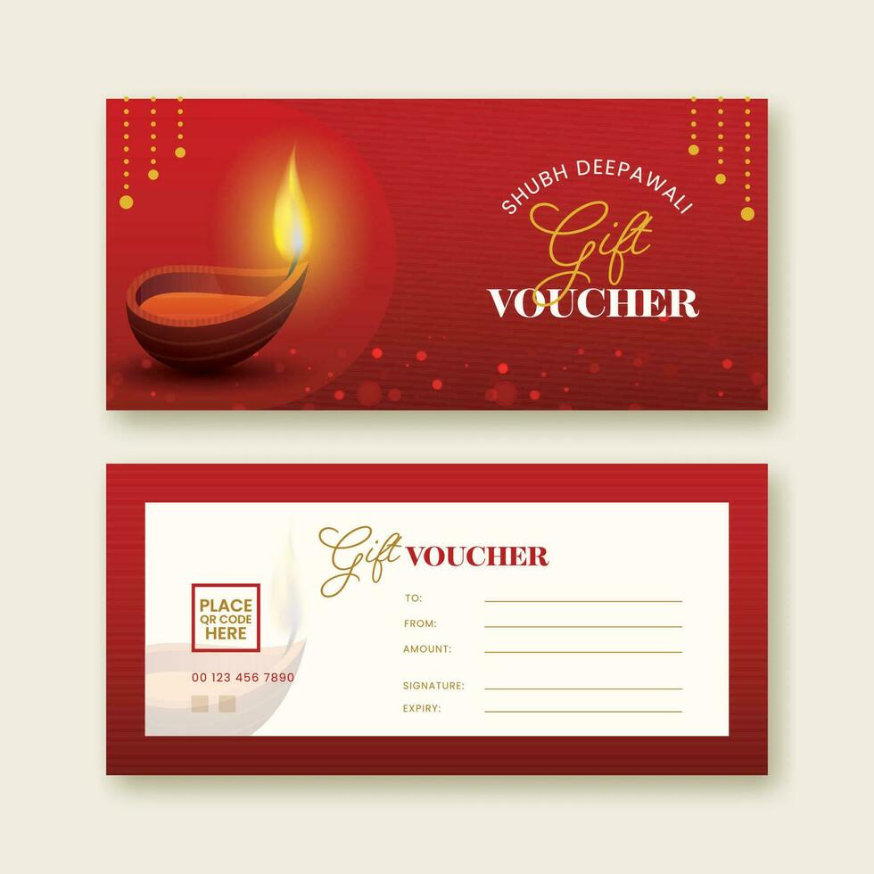 diwali festival gåva voucher baner design med dubbelsidig, belyst olja lampa i röd och vit Färg. vektor