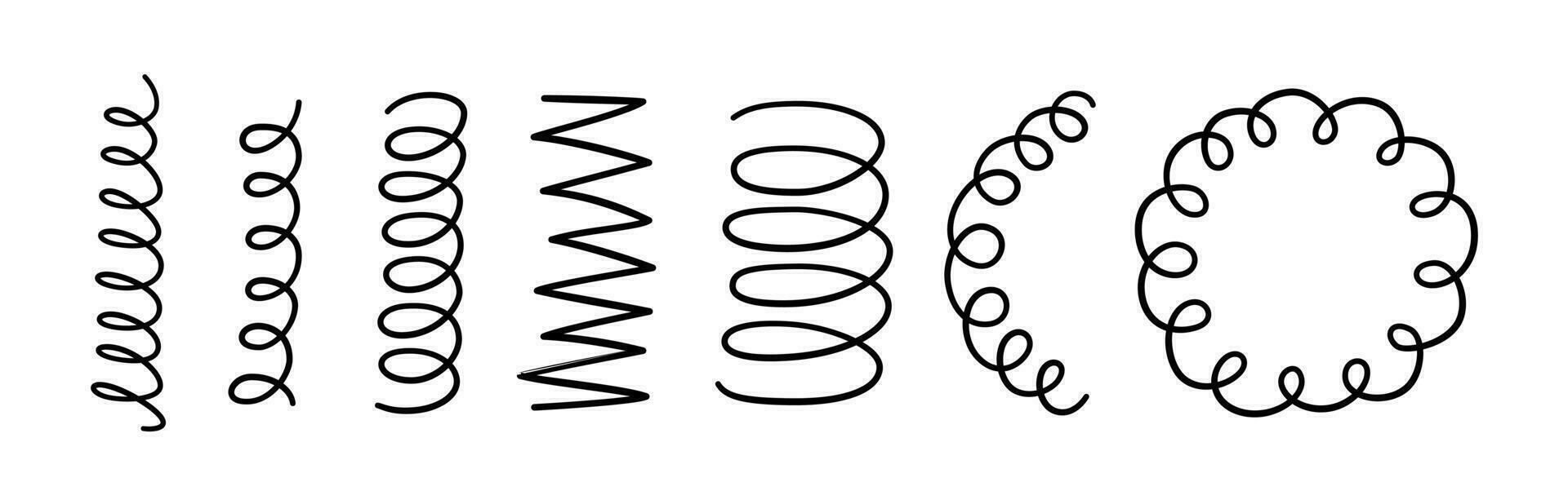Hand gezeichnet Spiral- Federn Satz. Gekritzel flexibel Spulen, Draht Frühling Symbole. Metall Spule Spiral- Symbole. Vektor Illustration isoliert auf Weiß Hintergrund