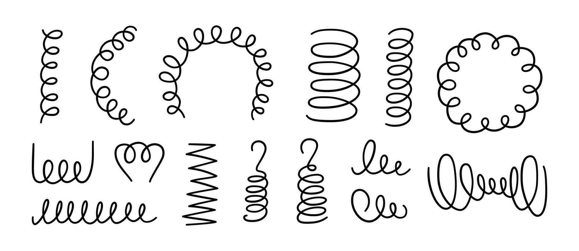 Hand gezeichnet Spiral- Federn Satz. Gekritzel flexibel Spulen, Draht Frühling Symbole. Metall Spule Spiral- Symbole. Vektor Illustration isoliert auf Weiß Hintergrund