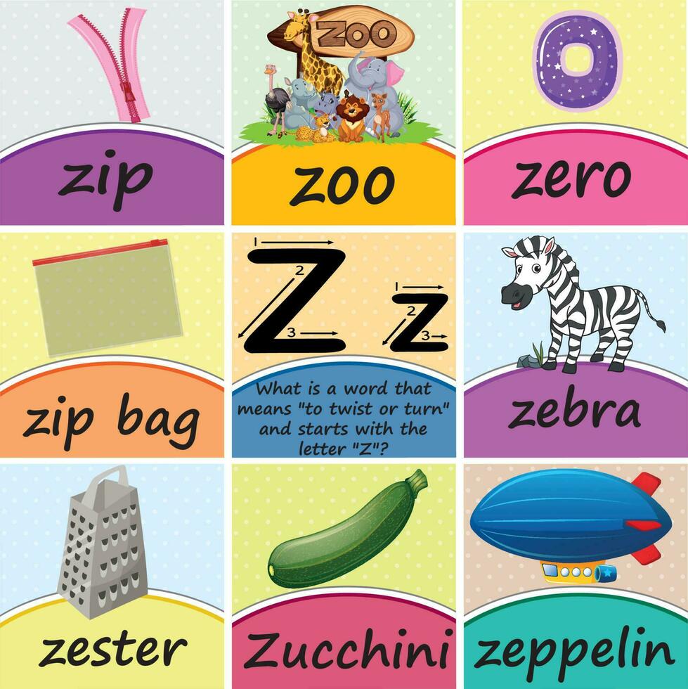alfabet brev zz ord affisch flashcards tryckbar klassrum dekor för förskola, dagis, hemskola, och elementärt ungar, med en logisk fråga handla om de brev vektor