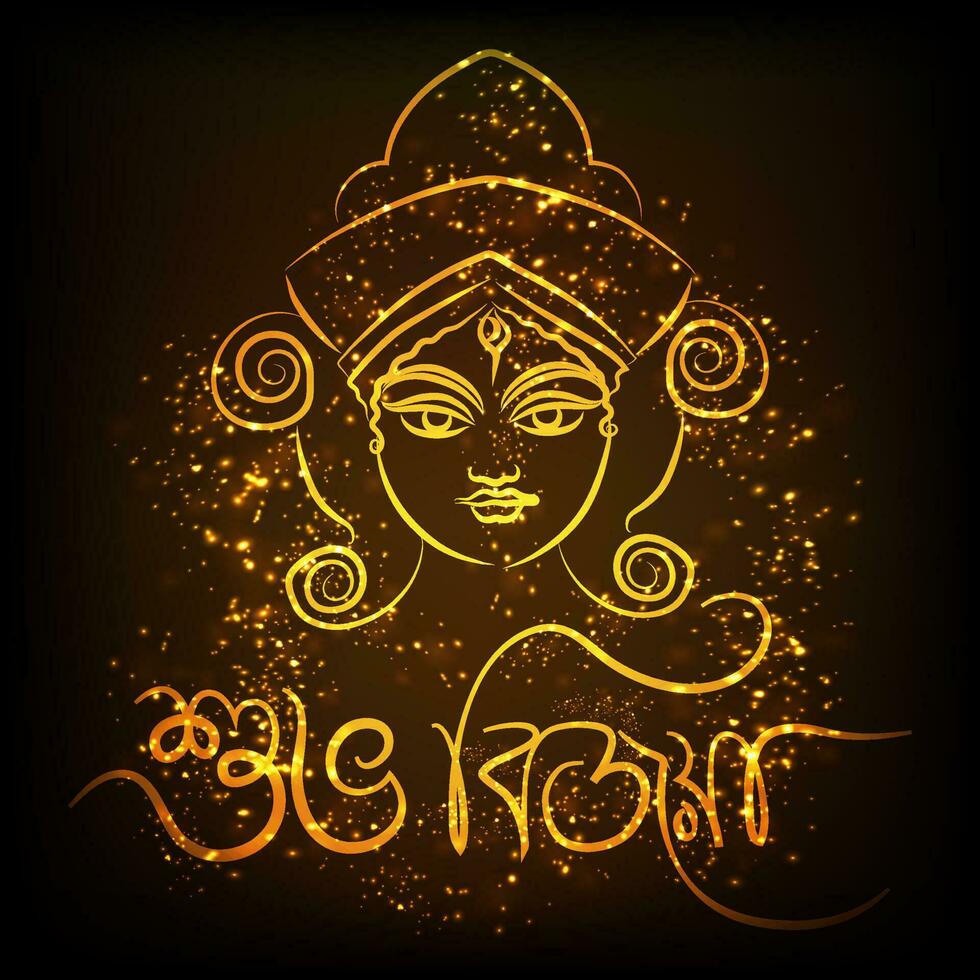 golden Bengali Beschriftung von subho bijoya mit kreativ Göttin Durga Gesicht auf braun Beleuchtung bewirken Hintergrund. vektor