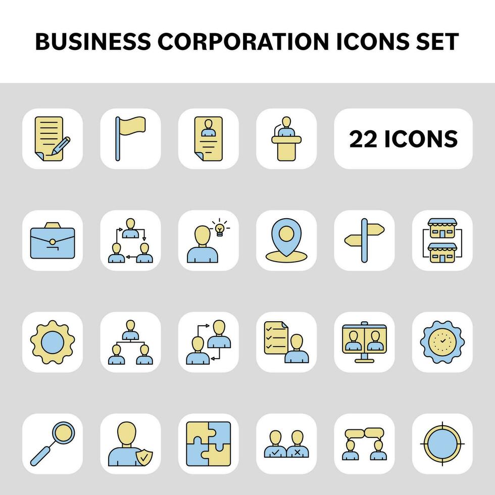 platt stil företag företag ikon uppsättning på grå kvadratisk bakgrund. vektor