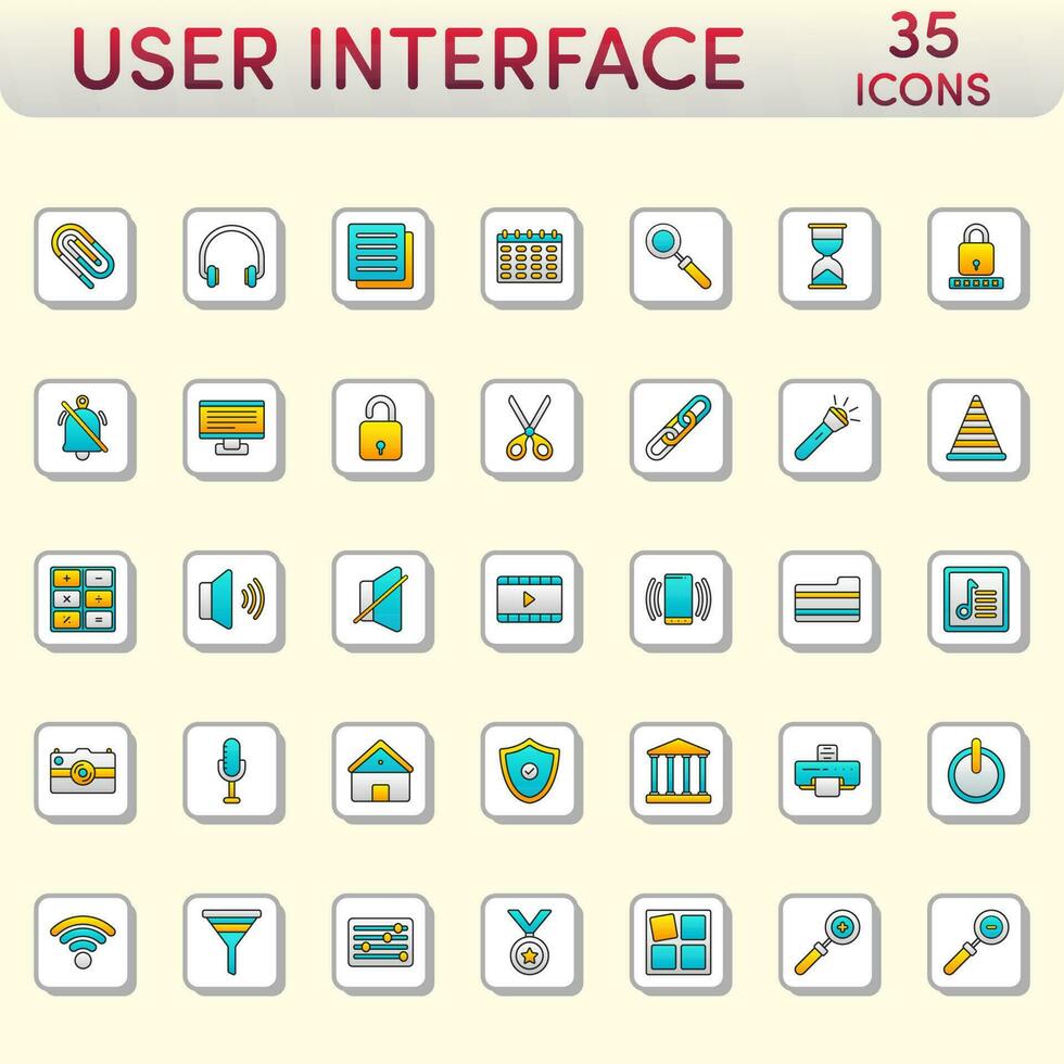 användare gränssnitt blå och gul ikon uppsättning på fyrkant bakgrund. vektor