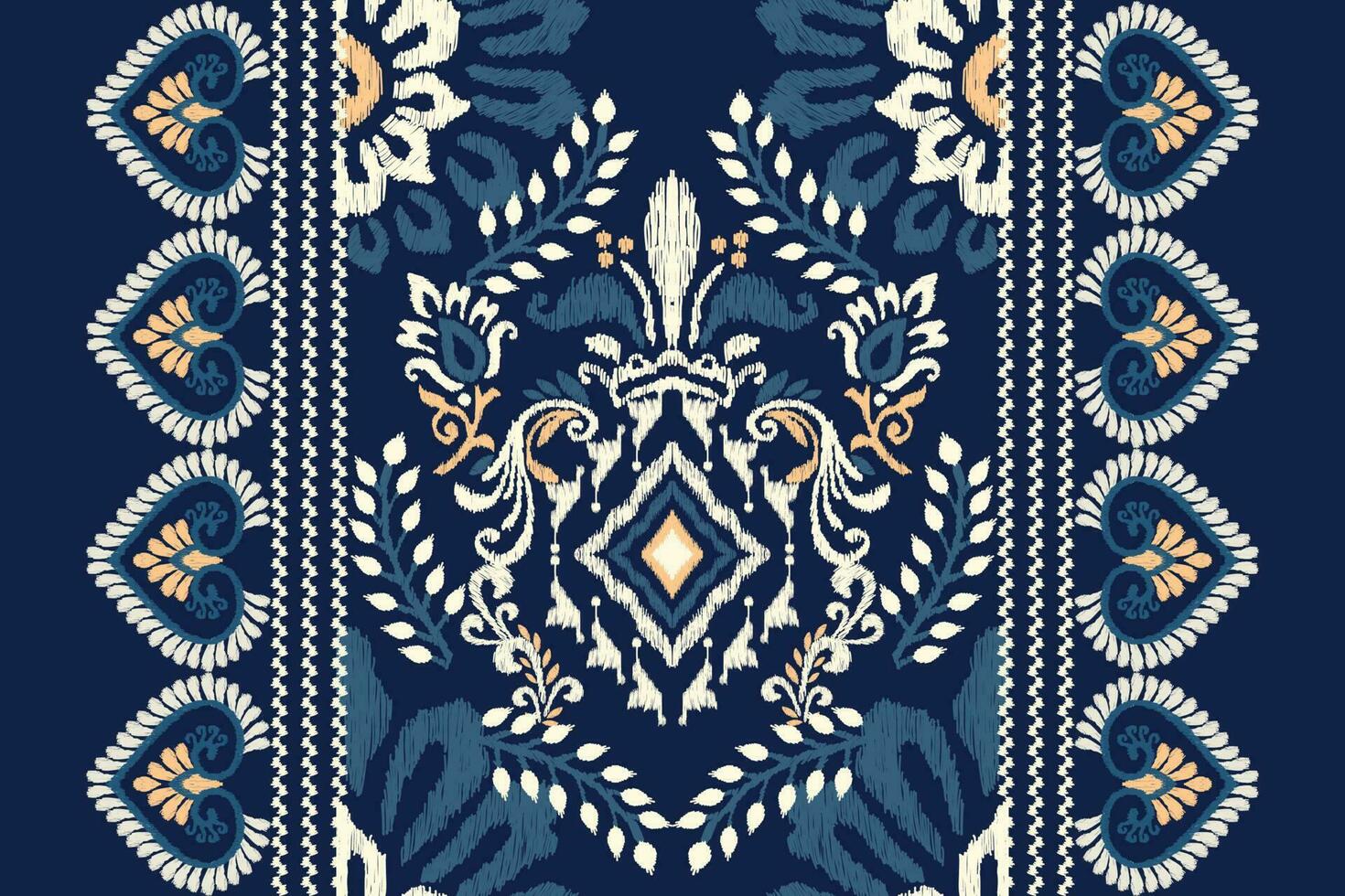 Ikat Blumen- Paisley Stickerei auf Marine Blau hintergrund.ikat ethnisch orientalisch Muster traditionell.aztekisch Stil abstrakt Vektor illustration.design zum textur, stoff, kleidung, verpackung, dekoration, teppich.