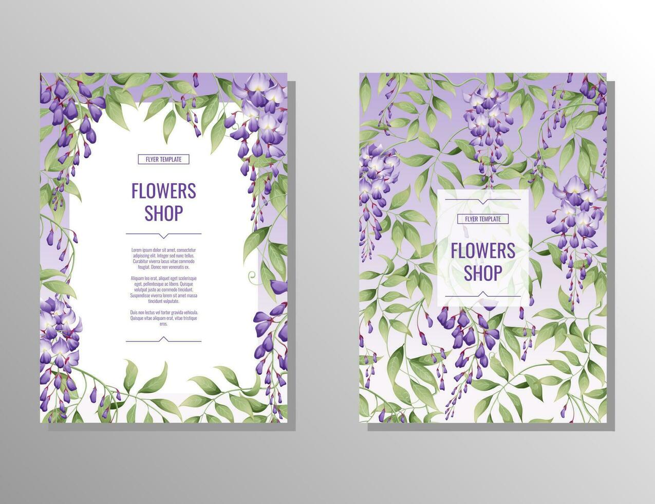 flygblad uppsättning med lila blåregn. blomma och trädgård affär. baner, affisch, broschyr, omslag, mall, inbjudan a4 storlek för företag vektor