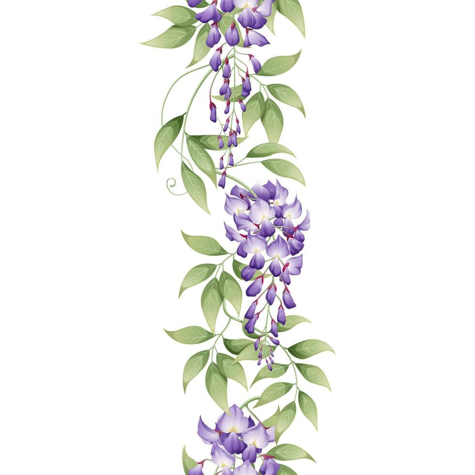 vertikal sömlös gräns med lila blåregn. asiatisk växter. botanisk blomma illustration för bröllop design, tapet, reklam. vektor