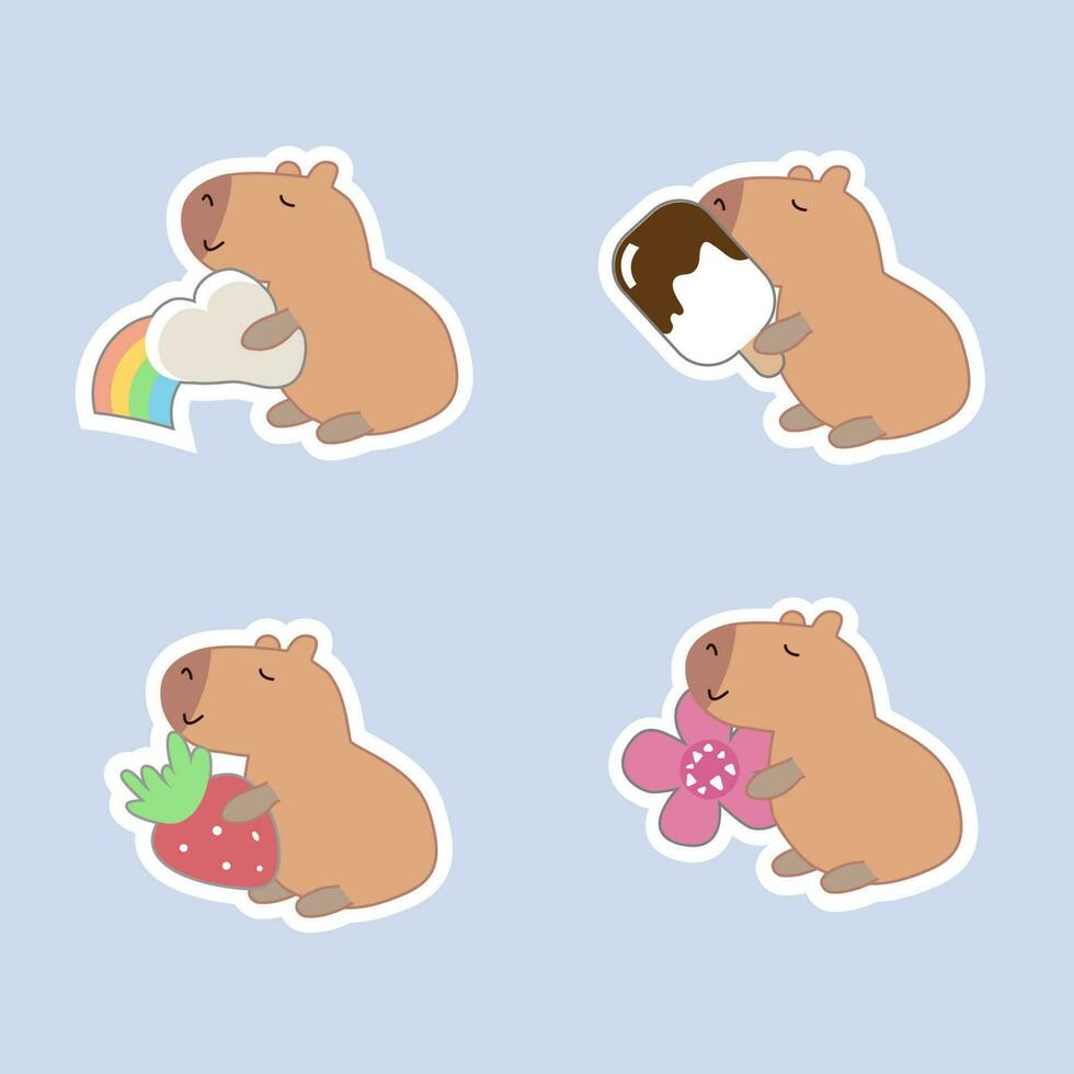 uppsättning av söt capybara håll olika objekt stå på vit bakgrund.vänlig djur- karaktär tecknad serie design.flower, jordgubbar, is grädde, regnbåge, hand ritade. söt. vektor